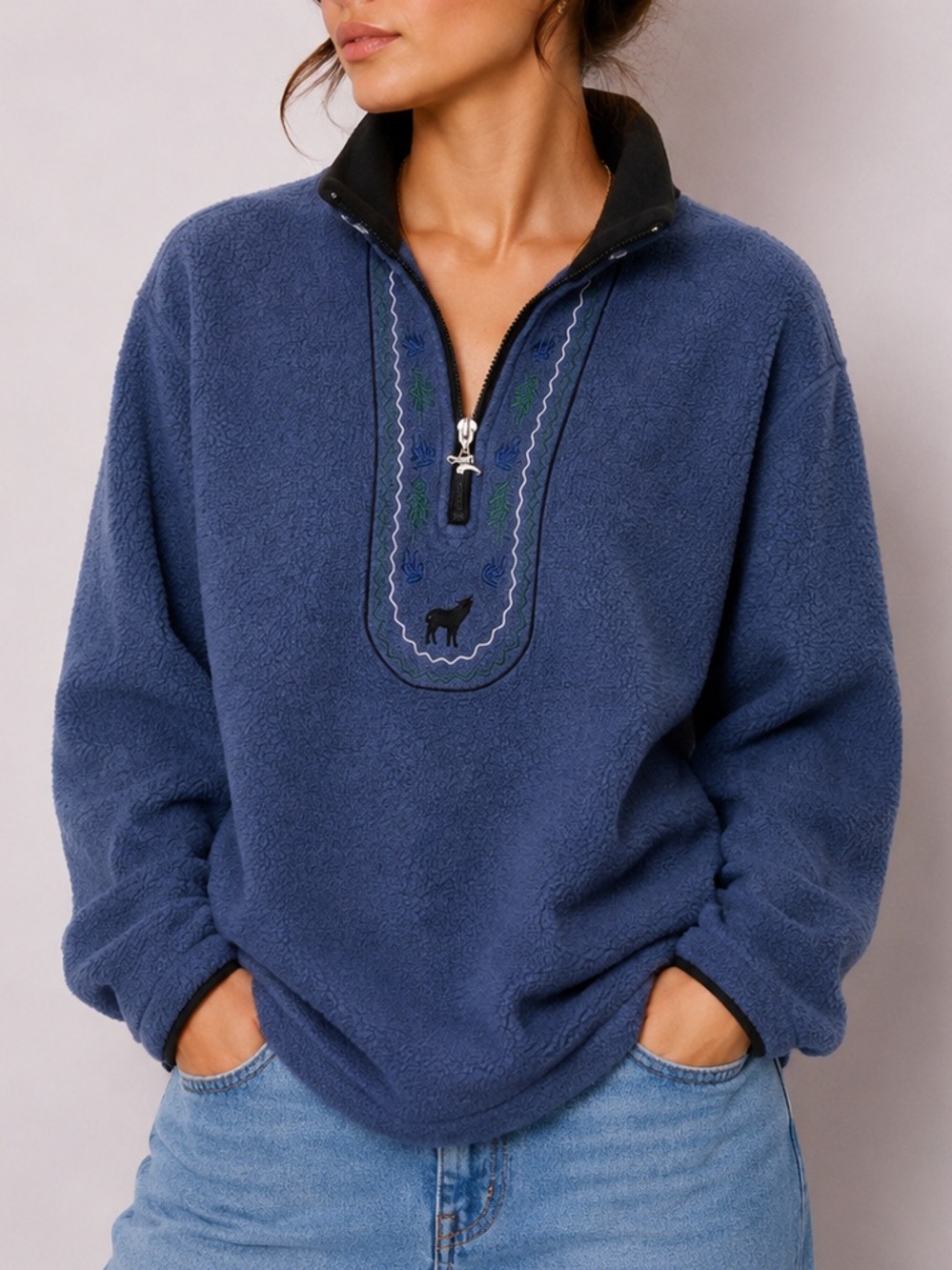 Vintage Fleece Sweater Cozy Blue Wolf Indigenous Art Pullover Soft 1/4 zip Warm